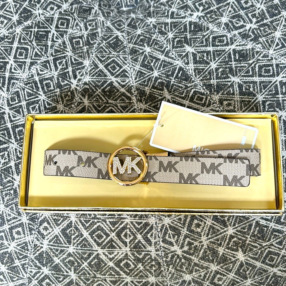 Boxed Michael Kors Signature Belt Rhinestone Logo Brand Gold, Size S/M